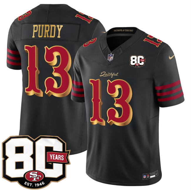 Men's Black San Francisco 49ers #13 Brock Purdy 80th Anniversary Patch “Rivalries” 2026 F.U.S.E. Vapor Untouchabl Limited Stitched Football Jersey